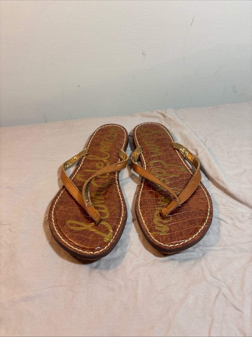Sam Edelman Brown and Gold Leather Thong Sandals
